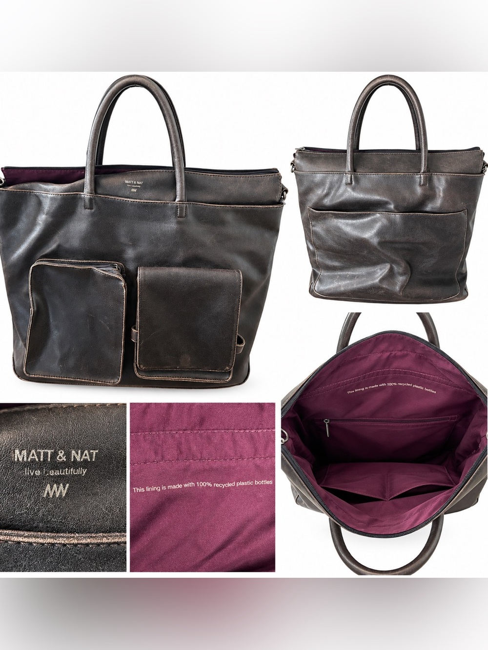 🥑 Matt & Nat Dark Brown Vegan Leather Tote with Front Patch Pockets